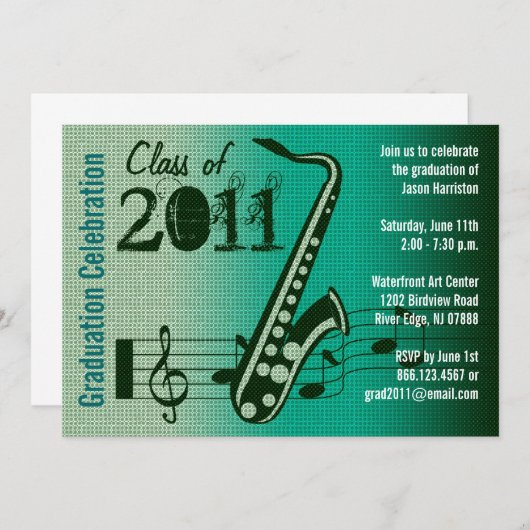 Graduierungsparty Einladung Musik Saxophon (Vorne/Hinten)