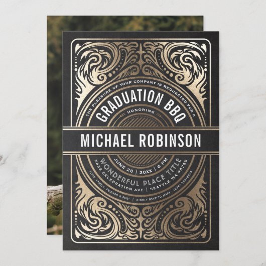 Graduierungsparty Einladungen Gold Foil Black Foto (Vorne/Hinten)