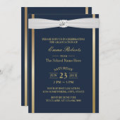 Graduierungsparty Elegant Navy Blue & Gold Streife Einladung (Vorne/Hinten)