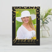 Graduierungsparty Elegantes Black Foto Gold Confet Einladung (Stehend Vorderseite)