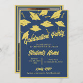 Graduierungsparty Foto Blue and Gold Mortarboards Einladung (Vorne/Hinten)