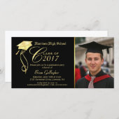 Graduierungsparty Foto Einladung Black & Gold Cap (Vorne/Hinten)