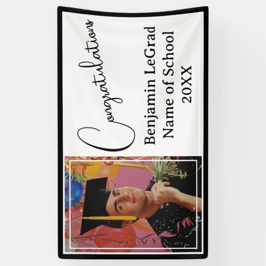 Graduierungsparty Foto Personalisiert Schwarz & We Banner (Vertikal)