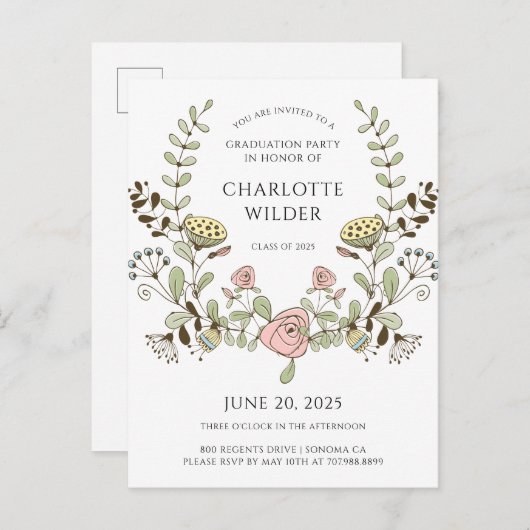 Graduierungsparty Frühlingsblumen Einladungspostkarte (Vorne/Hinten)