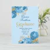 Graduierungsparty für Blue Rose und Gold Foil Blät Ankündigung (Stehend Vorderseite)
