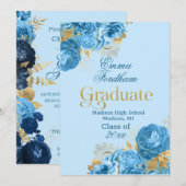 Graduierungsparty für Blue Rose und Gold Foil Blät Ankündigung (Vorne/Hinten)