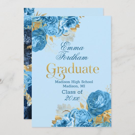 Graduierungsparty für Blue Rose und Gold Foil Blät Ankündigung (Vorne/Hinten)