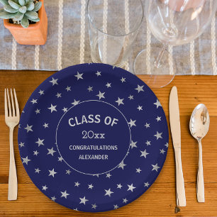 Graduierungsparty für Navy und Silver Stars Pappteller