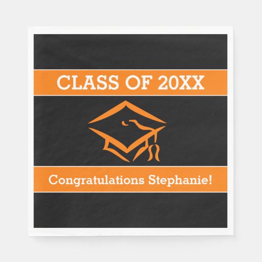 Graduierungsparty für Schwarz und Orange Mortarboa Serviette (Vorderseite)