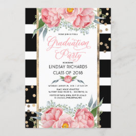 Graduierungsparty für Streifen, Gold und Rosa Blum Einladung