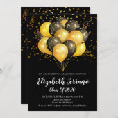Graduierungsparty Gold & Black Balloons & Confetti Einladung (Vorne/Hinten)