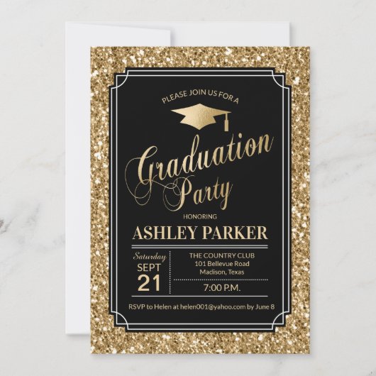 Graduierungsparty - Gold Black Einladung (Vorderseite)