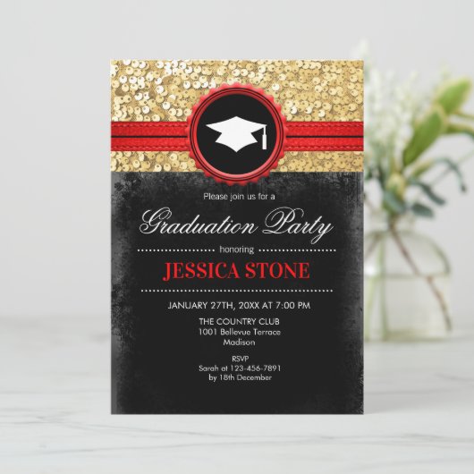 Graduierungsparty - Gold Black Red Einladung (Stehend Vorderseite)