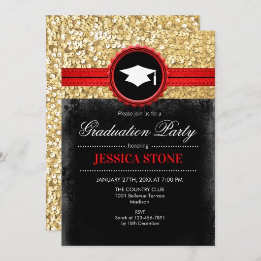 Graduierungsparty - Gold Black Red Einladung (Vorne/Hinten)