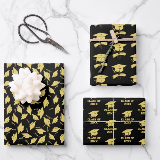 Graduierungsparty Gold Caps auf Black Gift Wrap Geschenkpapier Set (Vorderseite)