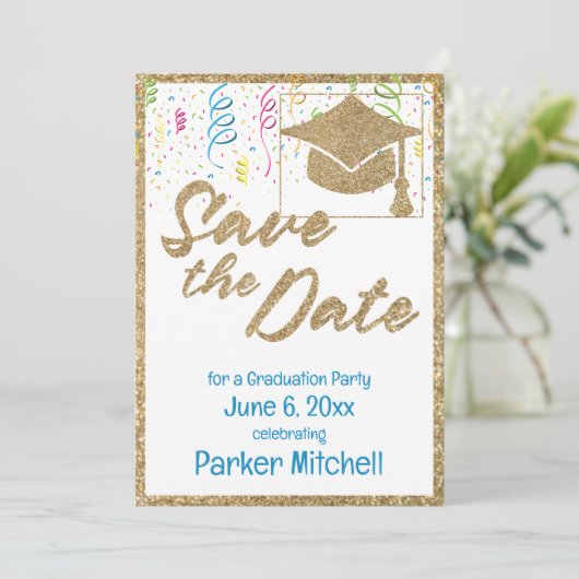 Graduierungsparty Gold Glitzer Save the Date Einladung (Stehend Vorderseite)