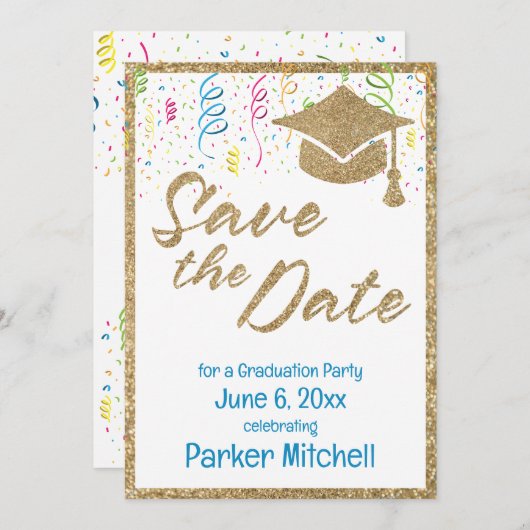 Graduierungsparty Gold Glitzer Save the Date Einladung (Vorne/Hinten)