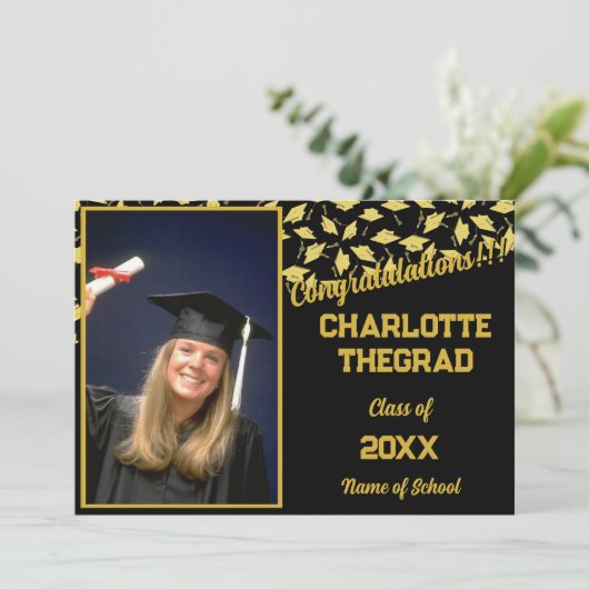 Graduierungsparty Gratulation Black Gold Foto Einladung (Stehend Vorderseite)