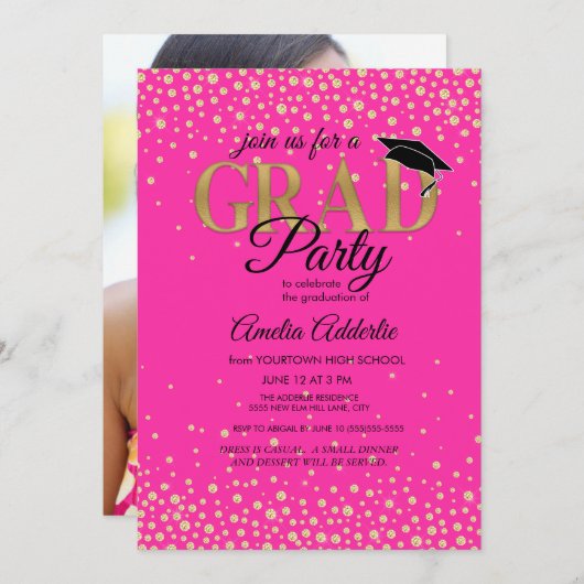Graduierungsparty Hot Pink Black Gold Glitzer Foto Einladung (Vorne/Hinten)
