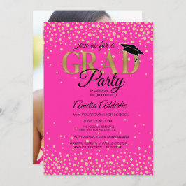 Graduierungsparty Hot Pink Black Gold Glitzer Foto Einladung