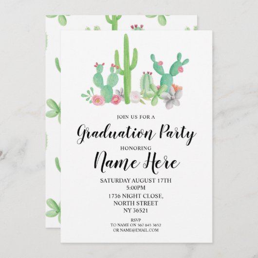 Graduierungsparty lädt Cactus Aquarelldruck ein Einladung (Vorne/Hinten)
