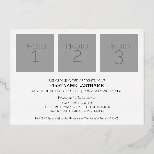 Graduierungsparty mit 4 Fotos Weiß und Gold Folieneinladung (Rückseite)