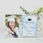 Graduierungsparty mit Foto - Blau Silber Einladung (Stehend Vorderseite)