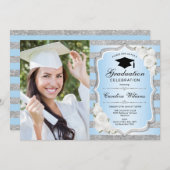 Graduierungsparty mit Foto - Blau Silber Einladung (Vorne/Hinten)