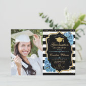 Graduierungsparty mit Foto - Blauer Blumen in Gold Einladung (Stehend Vorderseite)