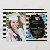 Graduierungsparty mit Foto - Blauer Blumen in Gold Einladung (Vorne/Hinten)