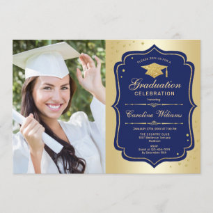 Graduierungsparty mit Foto - Gold Navy Einladung