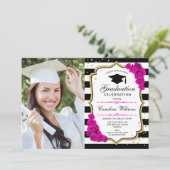 Graduierungsparty mit Foto - Gold Rosa Weiß Einladung (Stehend Vorderseite)
