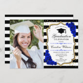 Graduierungsparty mit Foto - Gold Royal Blue Einladung (Vorne/Hinten)