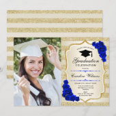Graduierungsparty mit Foto - Gold Royal Blue Einladung (Vorne/Hinten)