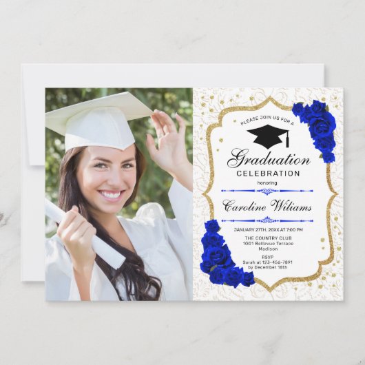 Graduierungsparty mit Foto - Gold Royal Blue Einladung (Vorderseite)