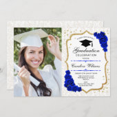 Graduierungsparty mit Foto - Gold Royal Blue Einladung (Vorne/Hinten)
