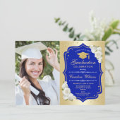 Graduierungsparty mit Foto - Gold Royal Blue Einladung (Stehend Vorderseite)
