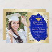 Graduierungsparty mit Foto - Gold Royal Blue Einladung (Vorne/Hinten)