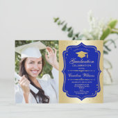 Graduierungsparty mit Foto - Gold Royal Blue Einladung (Stehend Vorderseite)