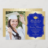 Graduierungsparty mit Foto - Gold Royal Blue Einladung (Vorne/Hinten)
