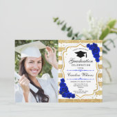 Graduierungsparty mit Foto - Gold Royal Blue Einladung (Stehend Vorderseite)