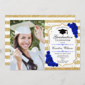 Graduierungsparty mit Foto - Gold Royal Blue Einladung (Vorne/Hinten)