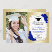 Graduierungsparty mit Foto - Gold Royal Blue Einladung (Vorne/Hinten)