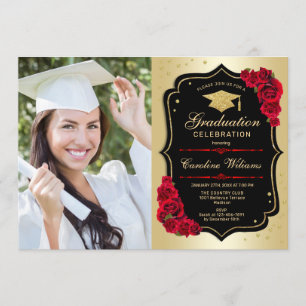 Graduierungsparty mit Foto - Gold Schwarz Rot Einladung