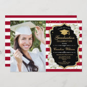 Graduierungsparty mit Foto - Gold Schwarz Rot Einladung (Vorne/Hinten)