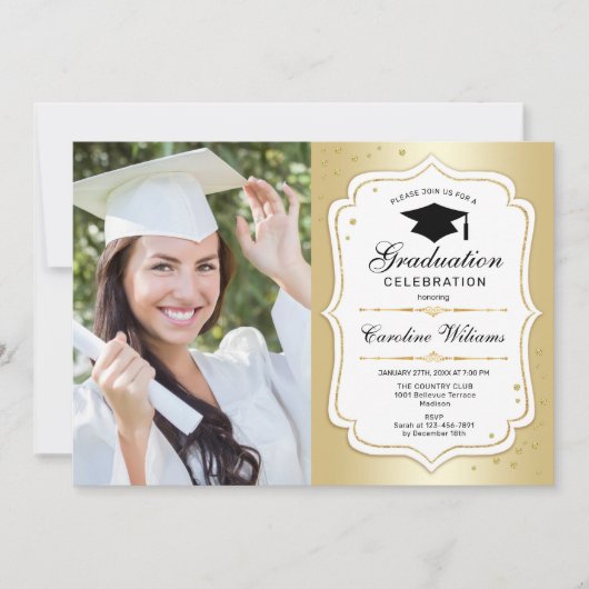 Graduierungsparty mit Foto - Gold White Einladung (Vorderseite)