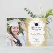 Graduierungsparty mit Foto - Gold White Einladung (Stehend Vorderseite)