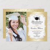 Graduierungsparty mit Foto - Gold White Einladung (Vorne/Hinten)