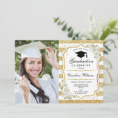 Graduierungsparty mit Foto - Gold White Einladung (Stehend Vorderseite)