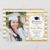 Graduierungsparty mit Foto - Gold White Einladung (Vorne/Hinten)
